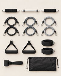 Complete Kit laid out: 3-section steel bar, 3 pairs of stackable bands, foot loops, handles, ankle straps, door anchor and carry bag