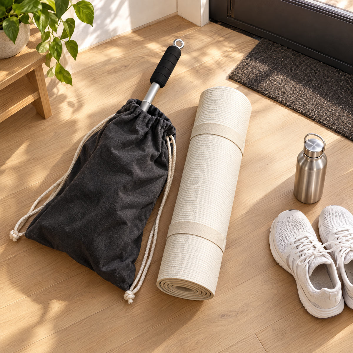 SculptBar carry bag by the door with a mat and sneakers